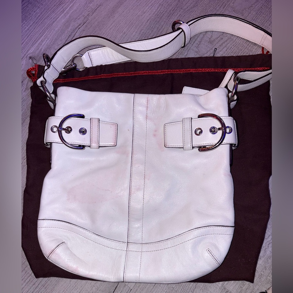 Coach White Leather Shoulder Bag with Buckle Accents